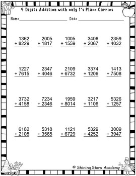 4 Digits Addition with Regrouping (Only 1's place Carry Over ...