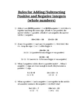 Preview of 4 Easy Rules for Adding/Subtracting Integers