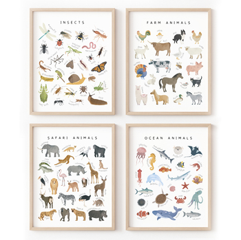 Preview of 4 Educational Animal Posters, Insects, Ocean Animals, Safari Animals.