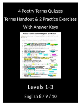 Preview of 4 English Poetry Terms Test w/keys & 2 Practice Review - alternate versions