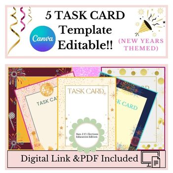 Preview of 5 New Years Themed Task Card Templates: Editable CANVA Link