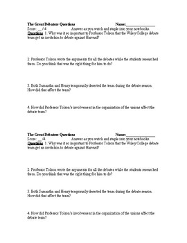 Preview of 4 Focus Questions for the Film The Great Debaters 2 Per Page Worksheet