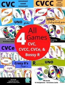Preview of 4 Games CVC, CVCC, CVCe, R controlled, Uno & Crazy 8 Flashcards & Spelling Rules