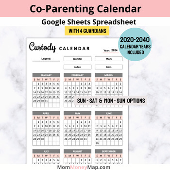 Preview of 4 Guardians Co-Parenting Calendar Google Sheets Spreadsheet
