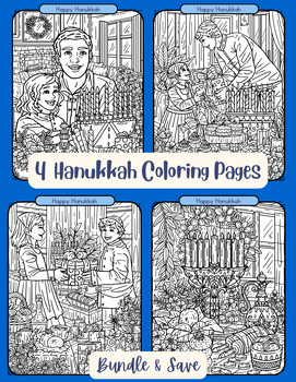 Preview of 4 Happy Hanukkah Complex Coloring Sheets BUNDLE Printable Pages Teen Adult Level