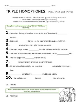 4 Homophones Worksheet (There, Their, They're) - FREE! | TpT