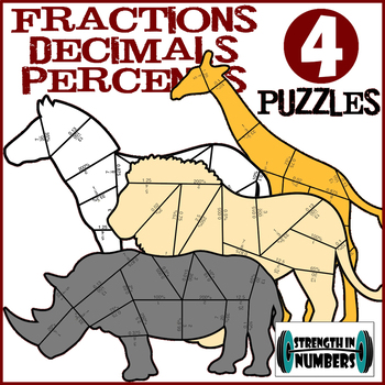 Preview of 4 Fraction, Decimal, Percent conversions Cooperative Puzzles - Safari Animals