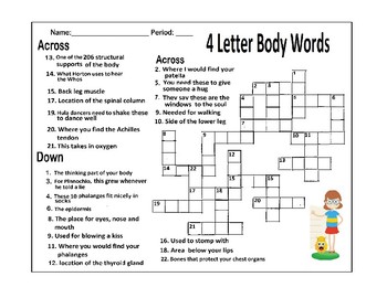 Preview of Human Body 4 Letter Words Crossword Puzzle