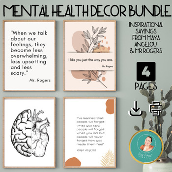 Preview of 4 Mental Health Decor, Mental Health Printable, Maya Angelou, Mr Rogers, Brain