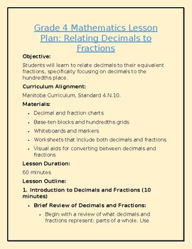 Preview of 4.N.10 Relate Decimals to Fractions Lesson Plan, Questions, and Answer Key