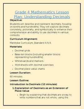 Preview of 4.N.9 Understanding Decimals Lesson Plan, Questions, and Answer Key