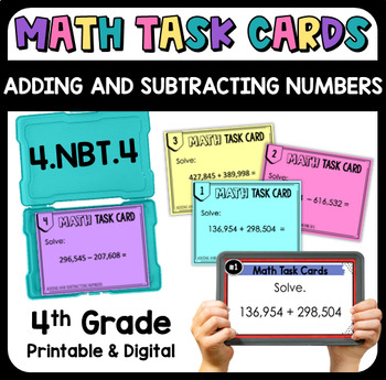 Preview of Adding and Subtracting Whole Numbers Task Cards with Digital 4.NBT.4