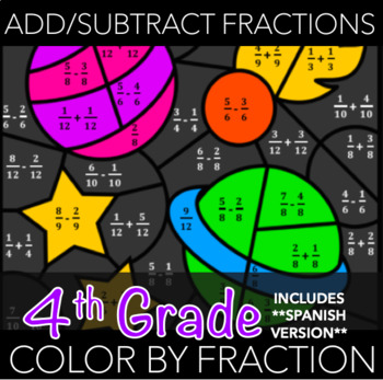 Preview of 4.NF.3 Add/Subtract/Simplify Fractions - Color by Fraction (w/ Spanish Version)