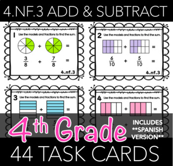 Preview of 4.NF.3 Task Cards: Regrouping, Borrowing and Mixed Numbers (w/ Spanish Version)