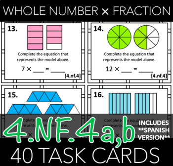 Preview of 4.NF.4a,b Task Cards: Fractions Multiplied by Whole Numbers (w/ Spanish Version)