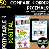 4th Grade Compare and Order Decimal Task Cards, Worksheets