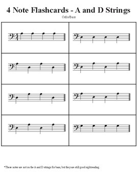 Preview of 4 Note Flashcards for Cello and Bass - A and D Strings