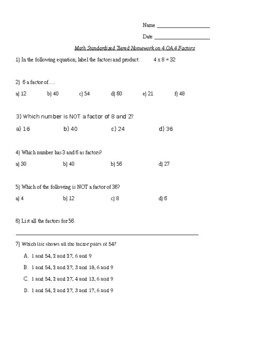 Preview of 4.OA.4  4th Grade Math Unit 2: multiplication (Factors tier worksheet)