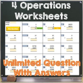 Preview of 4 Operations Automatic Worksheet with ANSWER checker