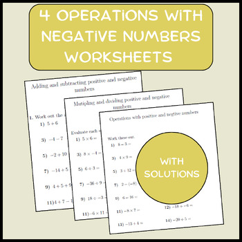 Preview of 4 Operations with Negative Numbers Worksheets (with solutions)