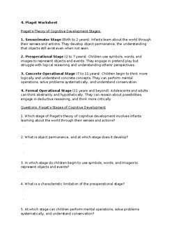 Preview of 4. Piaget's Stages of Cognitive Development Worksheet