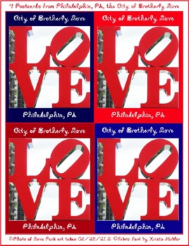 Preview of 4 Postcards with City of Brotherly Love Philadelphia PA Love Park Art Photo