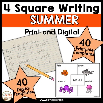 Preview of Summer Writing Prompts Kindergarten 1st Grade 4 Square Writing Activities Ocean