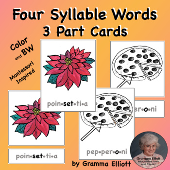 Preview of 4 Syllable Vocabulary Words on Printable 3 Part Cards