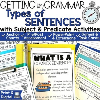 Preview of 4 Types of Sentences Worksheets Anchor Chart Subject and Predicate Game Activity