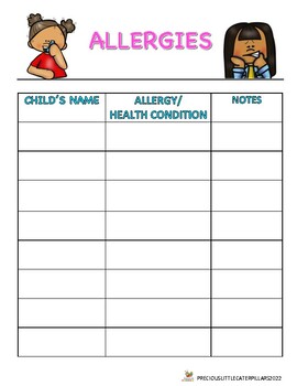 Preview of ALLERGIES FORM FOR CLASSROOM OR DAYCARE USE!