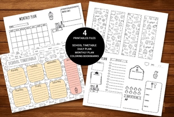 Preview of 4 beautiful files for print! SCHOOL TIMETABLE Daily PLAN Monthly Plan COLORING
