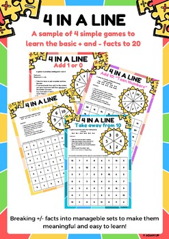 Preview of 4 in a Line: Four sample basic + and - facts games