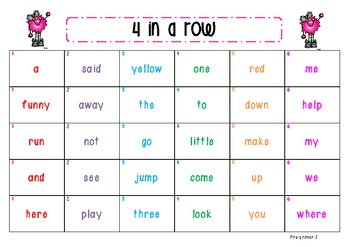 4 in a row (pre-primer dolch words) by Learning with Kiddies | TpT