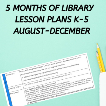 Preview of 5 months of media center lesson plans library August-December grades K-5