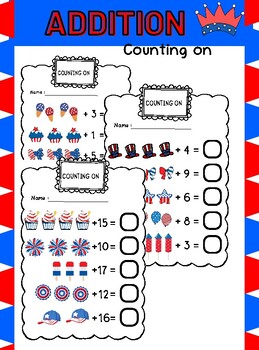 Preview of 4 of july Addition to 20  math .end of the year activities Worksheet Counting on