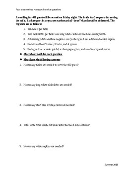 Preview of Culinary Math 4 step method handout/Practice question