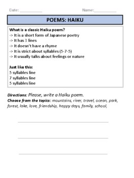 4 worksheets on poems: Cinquain, Limerick, Haiku, Diamante | TPT