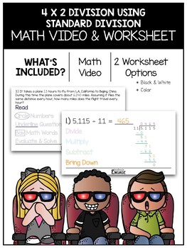 Preview of 5.NBT.6: 4 x 2 Digit Division Using Standard Division Math Video and Worksheet