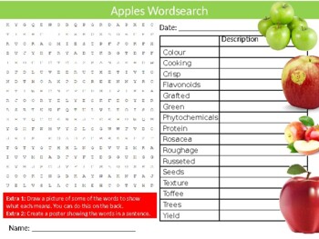 4 x Apples Wordsearch Puzzle Sheet Keywords Homework Food Nutrition Fruit