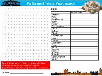Preview of 4 x Parliament Terms Wordsearch Puzzle Sheet Keywords Homework Government