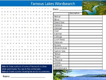 Preview of 4 x Rivers & Lakes Wordsearch Puzzle Sheet Keywords Homework Geography Nature