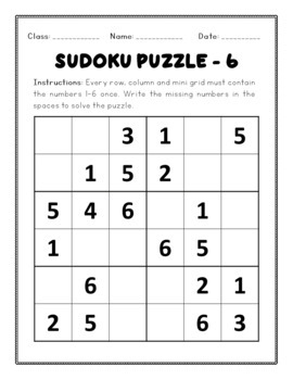 6x6 Sudoku Printable (Great for beginners!)