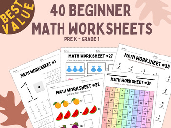 40 Beginner Math Worksheets Value Bundle | Counting | Addition ...