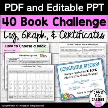 Preview of 40 Book Challenge Forms INDEPENDENT READING Log Graph Certificates GRADES 5-7