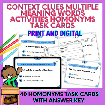 Preview of 40 Context Clues Multiple Meaning Words Activities HOMONYMS Task Cards