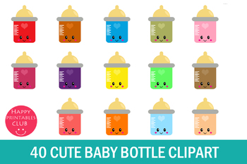 Preview of 40 Cute Baby Bottle Clipart- Kawaii Baby Bottle Clipart Set