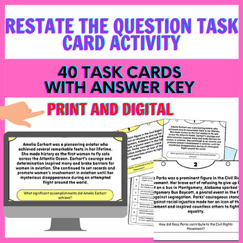 Preview of 40 DIFFERENTIATED Restate the Question Task Card Activity