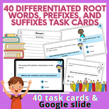 Preview of 40 Differentiated Root Words, Prefixes, and Suffixes Task Cards