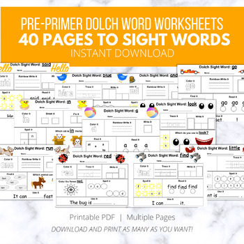 Preview of 40 Dolch Sight Words Printables: Pre-Primer Level