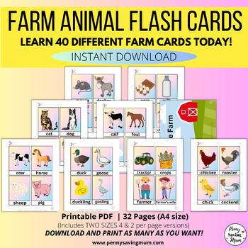 Preview of 40 Farm Animal Printable Flash Cards, Montessori Toddler Activity Cards